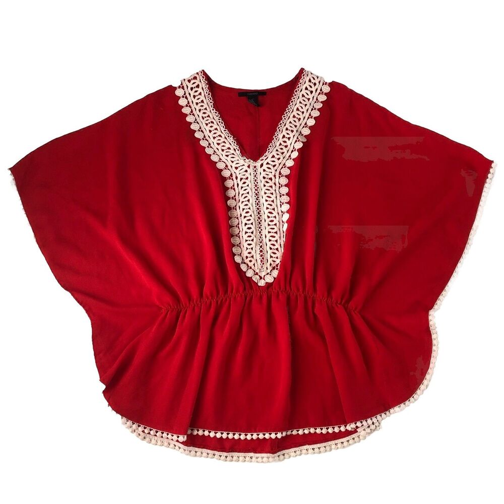 Forever 21 Red Kaftan Blouse White Crochet Lace Trim Pom Pom Boho Top Medium